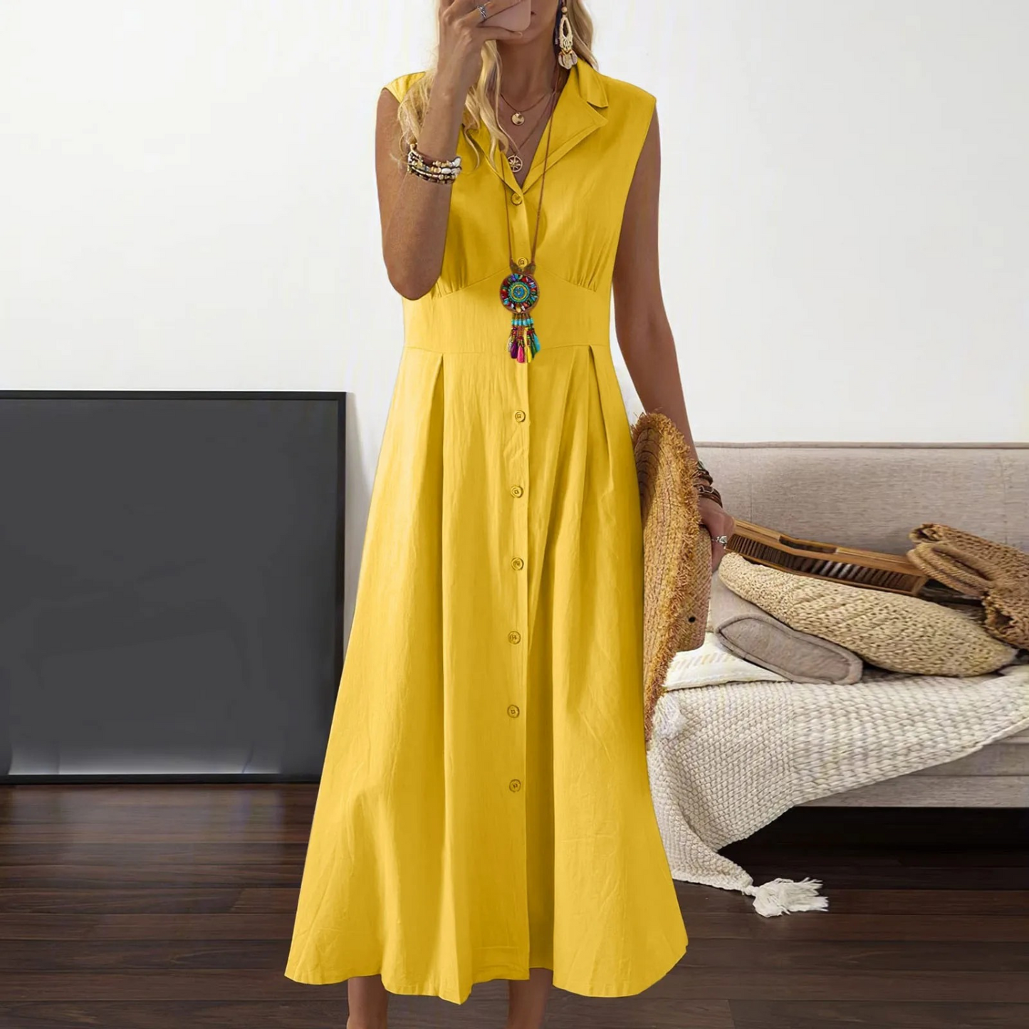 Women’s Button-Down Midi Dress – Collared V-Neck Sleeveless