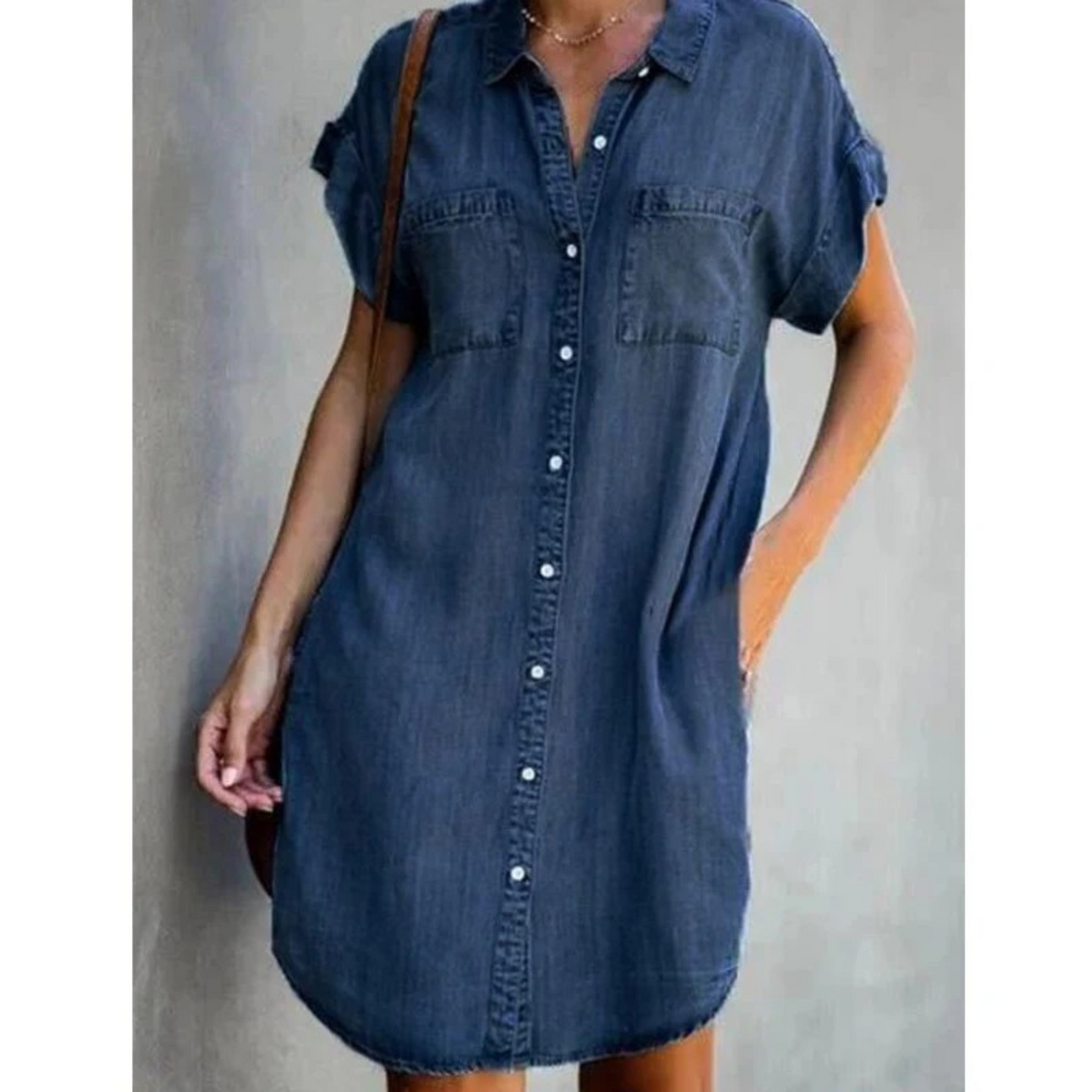 Women's Button-Down Denim Shirt Dress – Short Sleeve Casual Relaxed Fit