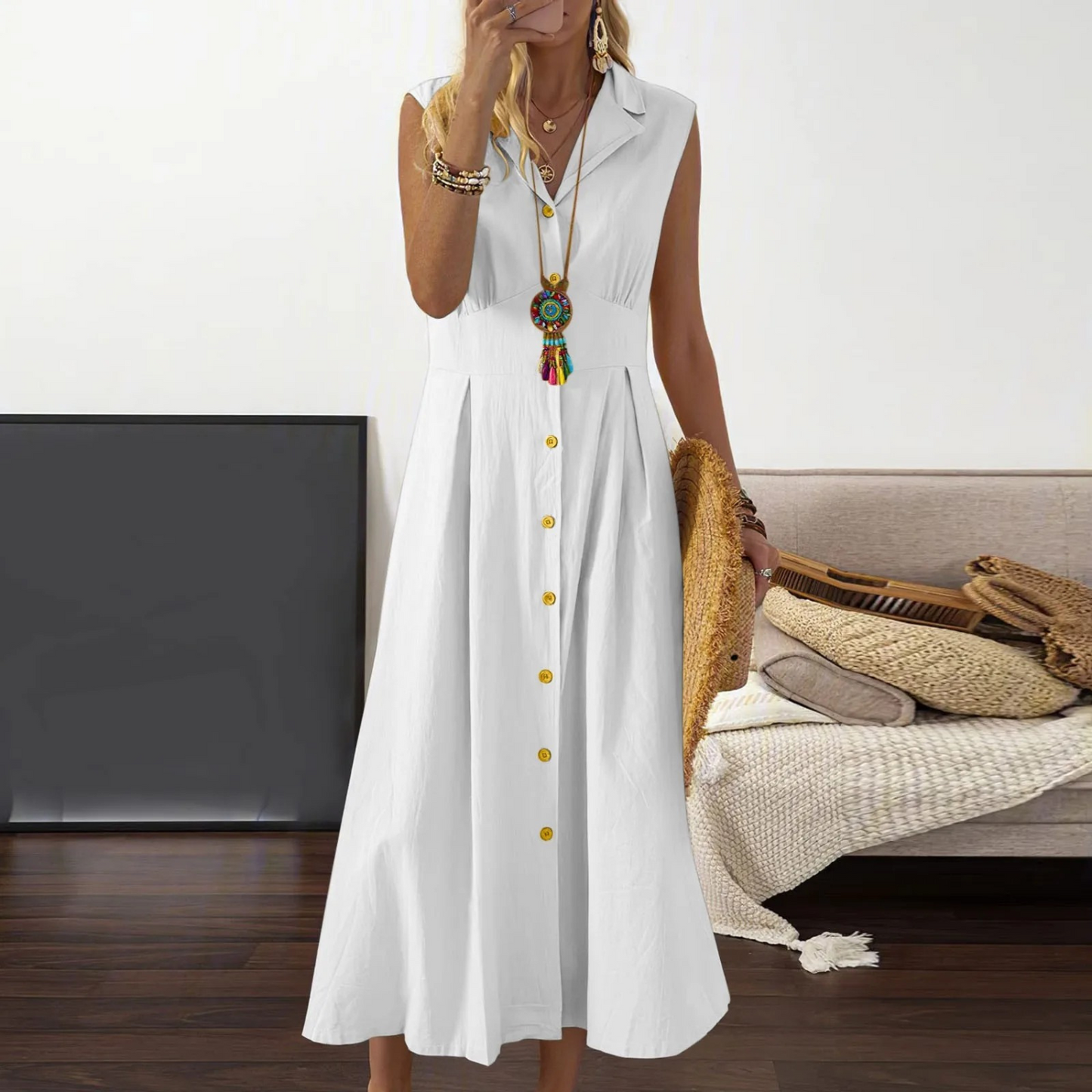 Women’s Button-Down Midi Dress – Collared V-Neck Sleeveless