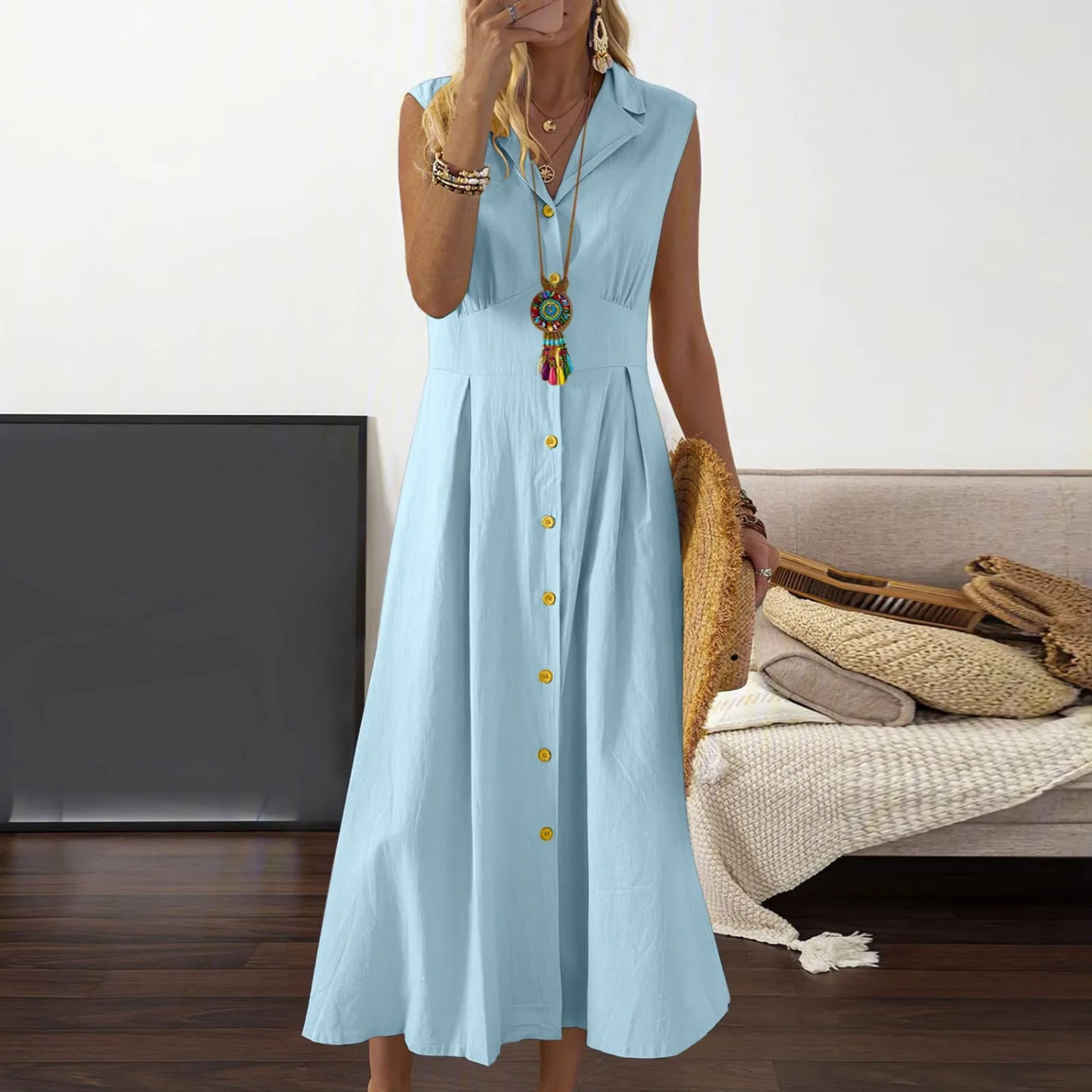 Women’s Button-Down Midi Dress – Collared V-Neck Sleeveless