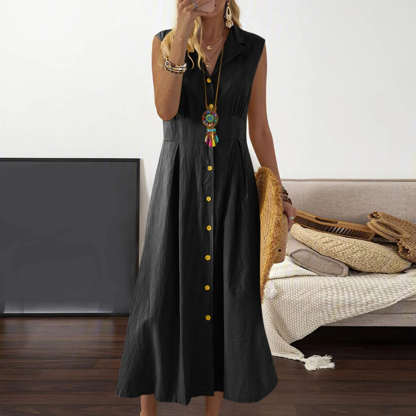 Women’s Button-Down Midi Dress – Collared V-Neck Sleeveless