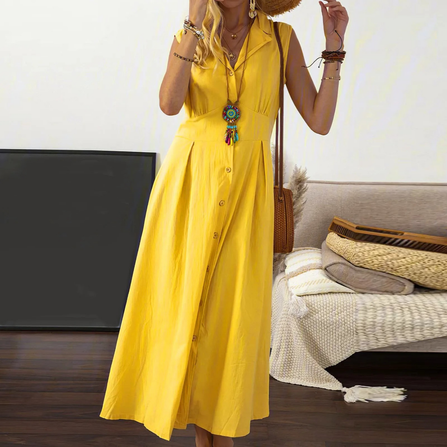 Women’s Button-Down Midi Dress – Collared V-Neck Sleeveless