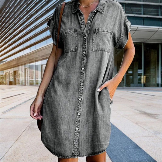Women's Button-Down Denim Shirt Dress – Short Sleeve Casual Relaxed Fit