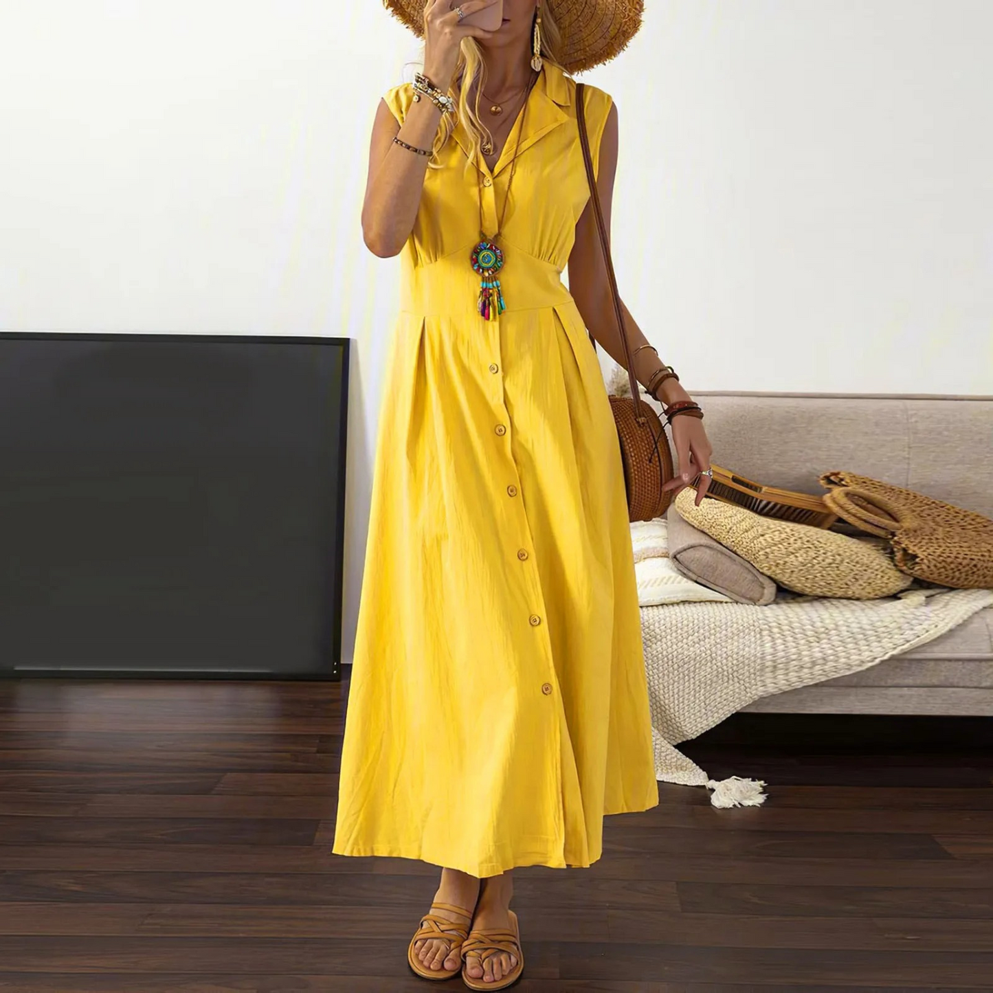 Women’s Button-Down Midi Dress – Collared V-Neck Sleeveless